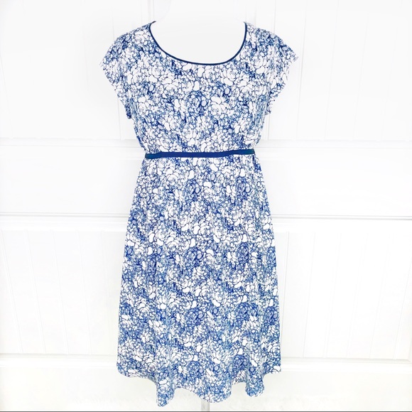 LOFT Dresses & Skirts - Ann Taylor Loft Blue Cream Floral Cap Sleeve Dress
